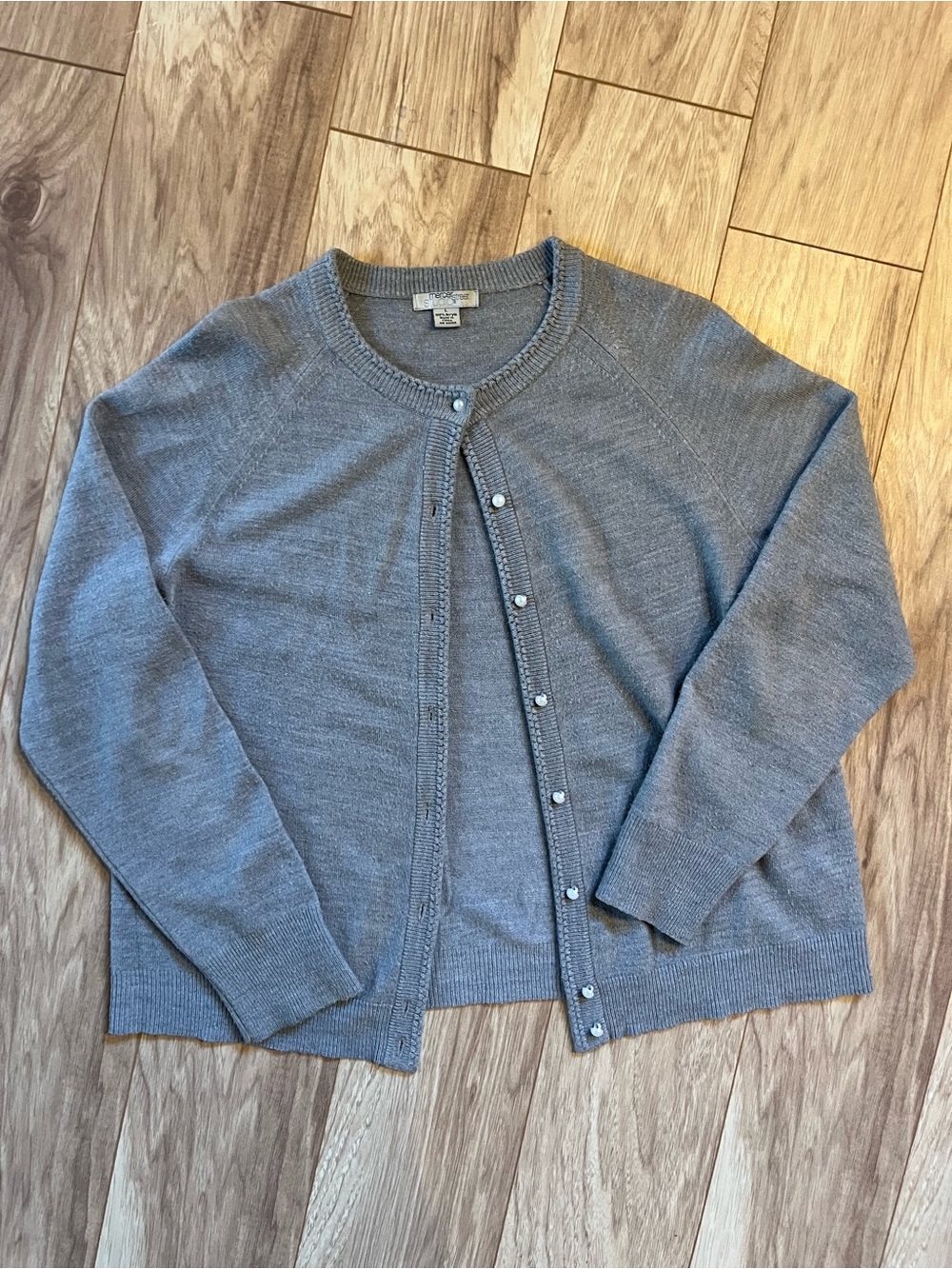 Adorable gray Mercer Street Studio cardigan with pearl buttons